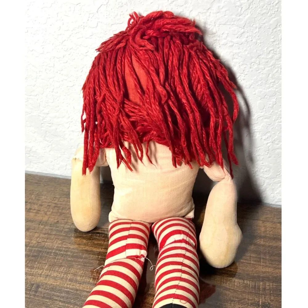 Vintage Raggedy Ann Doll Printed Face Heart Red Yarn Hair Striped Legs 1950s–70s